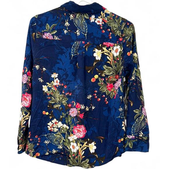CHICO'S | 0 = S /4 | Top Button Up Down Blouse Easy Shirt navy floral pattern - Picture 4 of 4